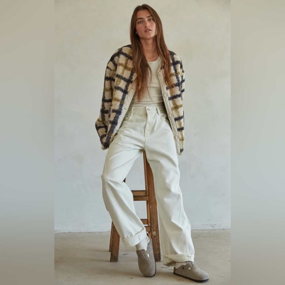 By Together Cream Plaid Button Down Teddy Jacket S/M